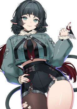 1girl :3 absurdres animal_ears arched_bangs black_shorts blue_eyes blue_hair blue_jacket breasts closed_mouth commentary cowboy_shot cropped_jacket fingernails fur-trimmed_jacket fur_trim hand_on_own_hip hand_up high-waist_shorts highres holding holding_weapon index_finger_raised jacket jane_doe_(zenless_zone_zero) long_hair long_sleeves looking_at_viewer medium_breasts midriff mouse_ears mouse_girl mouse_tail nail_polish pantyhose rainenleaf red_nails shorts simple_background single_leg_pantyhose smile solo tail torn_clothes torn_pantyhose weapon white_background zenless_zone_zero