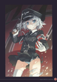 1girl absurdres aiguillette balkenkreuz blue_eyes board_game bridget_rosenfeld card card_(medium) cross female_focus german_text gloves gun h2so4 handgun hat highres iron_cross k-books_original_gunjin_shogi_card k-books_original_gunjin_shougi_card mauser_c96 military military_uniform nazi original panties pantyshot pistol semi-automatic_pistol shogi solo standing striped_clothes striped_panties thighhighs torn_clothes torn_thighhighs underwear weapon wind wind_lift