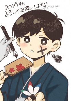 Rule 34 | 2boys, alternate costume, antenna hair, black eyes, black hair, black kimono, blush, bright pupils, calligraphy brush, colored skin, commentary request, dual persona, highres, holding, holding calligraphy brush, holding paintbrush, japanese clothes, kimono, looking at viewer, male focus, multiple boys, omori, omori (omori), paintbrush, parted lips, shirotsume 143, short hair, simple background, squiggle, sunny (omori), sweatdrop, tagme, translation request, twitter username, upper body, white background, white pupils, white skin