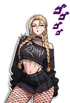 absurdres ankh belt black_belt black_lips black_shirt black_skirt blonde_hair blue_eyes braid braided_spikes cammy_white chain character_name clothes_writing collar commentary ear_piercing english_commentary english_text eyebrow_piercing face_piercing facial_scar facing_viewer fishnet_pantyhose fishnet_top fishnets goth_fashion hair_between_eyes highres long_hair long_sleeves looking_at_viewer menacing_(jojo) midriff miniskirt navel off_shoulder outline panty_straps pantyhose piercing pleated_skirt red_lips redpostit scar scar_on_cheek scar_on_face scowl shirt shoulder_spikes single_bare_shoulder skirt sleeves_past_fingers sleeves_past_wrists speech_bubble spiked_belt spiked_collar spiked_hair_ornament spikes street_fighter thick_thighs thighs thought_bubble twin_braids twitter_strip_game white_background white_outline
