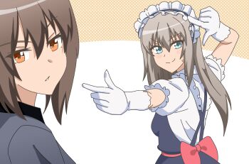 2girls absurdres alternate_costume apron back_bow blonde_hair blue_dress blush bow breasts brown_eyes commentary_request cosplay dress elbow_gloves enmaided girls_und_panzer gloves grey_shirt highres itsumi_erika kobayashi-san_chi_no_maidragon kobayashi_(maidragon) kuromorimine_school_uniform large_breasts long_hair maid maid_apron maid_headdress multiple_girls nishizumi_maho pointing pointing_at_another puffy_short_sleeves puffy_sleeves red_bow scene_reference school_uniform shirt short_hair short_sleeves smile teeth tohru_(maidragon) tohru_(maidragon)_(cosplay) two_draw white_gloves white_shirt wing_collar