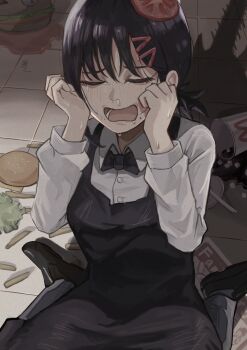 1girl absurdres apron black_apron black_bow black_bowtie black_hair black_shoes blush bow bowtie burger chainsaw_man closed_eyes commentary crying cup disposable_cup drink food food_on_hair food_on_head french_fries hair_ornament higashiyama_kobeni highres indoors kneeling long_sleeves mcdonald&#039;s mole mole_under_eye mole_under_mouth object_on_head open_mouth ponytail scared shadow shirt shoes short_hair short_ponytail soda solo tare_negima tearing_up tears tomato tomato_slice white_shirt