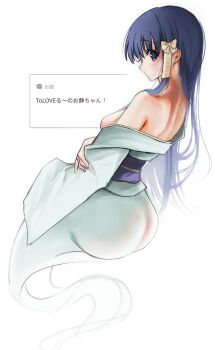 Rule 34 | 1girl, absurdres, ass, back, bare shoulders, black hair, blue eyes, breasts, commentary, eee mii, from behind, ghost, ghost tail, hair ornament, highres, japanese clothes, kimono, long hair, long sleeves, looking at viewer, looking back, medium breasts, murasame oshizu, nape, no bra, obi, odaibako, off shoulder, open clothes, open kimono, profile, request inset, sash, shoulder blades, simple background, solo, to love-ru, translated, white background, white kimono, wide sleeves