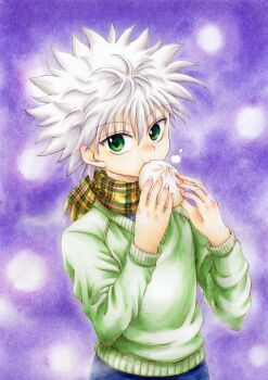 1boy commentary_request eating food green_eyes green_scarf green_sweater hair_between_eyes hunter_x_hunter ichiha_sanami killua_zoldyck long_sleeves looking_at_viewer male_focus marker_(medium) plaid_clothes plaid_scarf purple_background scarf short_hair solo steamed_bun sweater traditional_media upper_body white_hair