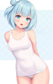 1girl :d arms_behind_back blue_eyes blue_hair breasts commentary_request cowboy_shot hair_bun highres looking_at_viewer medium_breasts old_school_swimsuit one-piece_swimsuit open_mouth original sasaame school_swimsuit short_hair single_side_bun smile solo swimsuit white_one-piece_swimsuit