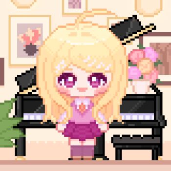 Rule 34 | 1girl, ahoge, akamatsu kaede, anmian ruomeng, blonde hair, blush stickers, brown shoes, chibi, collared shirt, commentary request, crest, danganronpa (series), danganronpa v3: killing harmony, fortissimo, grand piano, hair intakes, hair ornament, hairclip, happy, highres, instrument, kneehighs, long hair, long sleeves, miniskirt, musical note, musical note hair ornament, open mouth, photo (object), piano, picture frame, pink eyes, pink vest, pixel art, plant, pleated skirt, potted plant, purple skirt, purple socks, shirt, shoes, sidelocks, skirt, smile, socks, solo, standing, stool, straight-on, sweater vest, v-neck, vase, very long hair, vest, white shirt