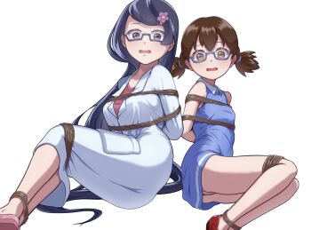2girls arms_behind_back bdsm black_hair blue_dress bondage bound brown_eyes brown_hair collared_dress commentary_request dress fennel_(pokemon) glasses grey-framed_eyewear grey_eyes hair_ornament hairclip highres lab_coat legs_together long_hair looking_at_viewer multiple_girls nintendo open_mouth pokemon pokemon_bw red_shoes satakuro_nikuru school_kid_(pokemon) semi-rimless_eyewear shirt shoes short_twintails simple_background sleeveless sleeveless_dress twintails white_background