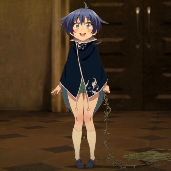 1boy androgynous aqua_eyes bare_legs blue_hair feet_out_of_frame highres lloyd_de_saloum micro_shorts open_mouth screencap shiny_skin shorts smile tensei_shitara_dai_nana_oji_datta_no_de:_kimama_ni_majutsu_o_kiwamemasu trap wide_hips