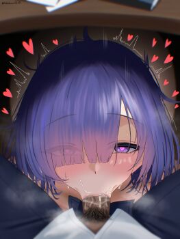 1boy 1girl :&gt;= absurdres azur_lane deepthroat fellatio hair_over_one_eye heart heart-shaped_pupils hetero highres looking_at_viewer male_pubic_hair mogador_(azur_lane) nobukusa0209 oral penis pov pubic_hair purple_hair saliva solo_focus stealth_fellatio stealth_sex symbol-shaped_pupils under_table