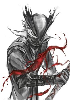 1other ajsaart arm_guards blood blood_on_clothes blood_on_hands blood_splatter bloodborne bloody_weapon chest_belt clenched_hand coat covered_mouth cowboy_shot hashtag-only_commentary hat head_tilt highres holding holding_weapon hunter_(bloodborne) looking_to_the_side narrowed_eyes open_clothes open_coat popped_collar scarf short_hair solo vest weapon