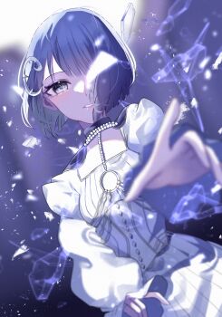 1girl 7naako5 akuma_no_odorikata_(vocaloid) april_fools blue_hair blurry broken_glass cleavage_cutout clothing_cutout commentary_request cowboy_shot depth_of_field dress flat_chest foreshortening glass grey_eyes hair_over_one_eye highres kiritani_haruka long_sleeves looking_at_viewer one_eye_covered outstretched_arm parted_lips project_sekai puffy_long_sleeves puffy_sleeves short_hair solo white_dress