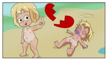 1boy 1girl @_@ beach betrayal blonde_eyebrows blonde_hair blood blood_on_face blush bullying completely_nude cum ejaculation femdom fight fighting fighting_stance grin highres knocked_down knocked_over kodomo_doushi loli lolidom mean_bitch nipples nude penis prank punch punching pussy sbiz shota smile tongue tongue_out