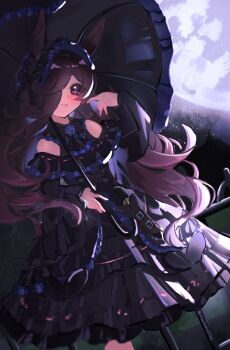 1girl absurdres alternate_costume animal_ears bare_shoulders black_dress black_headdress blue_flower blue_rose blush breasts brown_hair closed_mouth dagger dress flipped_hair flower full_moon hair_over_one_eye headdress highres holding holding_umbrella horse_ears horse_girl knife long_hair looking_at_viewer moon outdoors parasol purple_eyes rice_shower_(umamusume) rose saigyougi sheath sheathed smile solo umamusume umbrella weapon