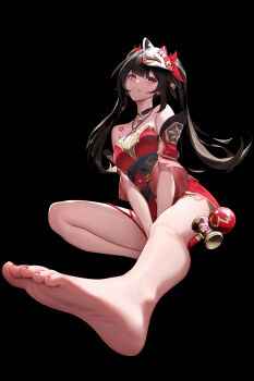 absurdres bare_legs black_background feet fox_mask fuann highres honkai:_star_rail honkai_(series) japanese_clothes kendama kimono mask red_eyes red_kimono sparkle_(honkai:_star_rail) toy twintails