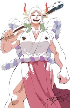 bare_shoulders breasts cleavage closed_eyes club_(weapon) earrings green_hair hair_ornament holding holding_club holding_weapon horns huge_breasts japanese_clothes jewelry multicolored_hair muscular muscular_female one_piece open_mouth sideboob sleeveless smile standing taoru_(taoru0239) thick_thighs thighs weapon white_hair yamato_(one_piece)