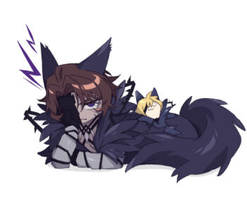 1boy 1girl animal_ears barbed_wire black_gloves blonde_hair brown_hair don_quixote_(project_moon) e.g.o_(project_moon) gloves heathcliff_(project_moon) jewelry limbus_company long_sleeves looking_at_viewer mercuryhx necklace parted_bangs project_moon purple_eyes short_hair tail telepole_(e.g.o) uwu wolf_ears wolf_tail