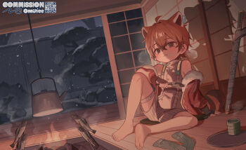 1boy absurdres animal_ears barefoot brown_hair campfire child eating fish_(food) highres indoors jacket kettle male_focus omurice_(roza4957) original raccoon_boy raccoon_ears raccoon_tail red_jacket shadow shirt short_hair shorts sitting snowing solo tail white_shirt winter