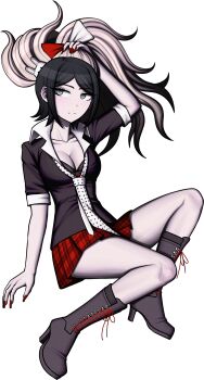 1girl absurdres boots breasts cleavage cosplay danganronpa:_trigger_happy_havoc danganronpa_(series) enoshima_junko enoshima_junko_(cosplay) female_focus freckles full_body fulltimeangel13 high_heel_boots high_heels highres ikusaba_mukuro large_breasts nail_polish necktie pink_hair short_hair skirt solo wig