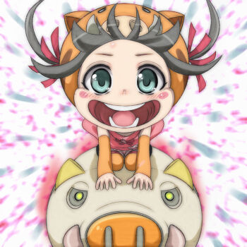 1girl animal animal_hat black_hair blush blush_stickers bow detached_sleeves dress etotama green_eyes hair_ribbon hat heart highres long_sleeves looking_at_viewer motion_lines open_mouth orange_hat orange_thighhighs pig pig_girl pig_hat pink_dress red_bow red_ribbon ribbon short_hair sitting sleeveless sleeveless_dress smile t_jiroo_(ringofriend) teeth thighhighs twintails uri-tan white_background