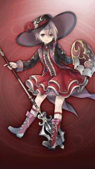 1girl black_hat black_jacket boots dress frilled_dress frills full_body hair_between_eyes hat holding holding_mace holding_shield holding_weapon jacket kneehighs mace open_clothes open_jacket purple_eyes red_background red_boots red_dress shield smile socks solo striped_clothes striped_socks teeth