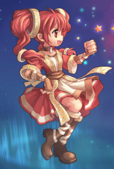 1girl archived_source blue_background boots breasts brown_boots brown_collar brown_gloves brown_sash clenched_hand collar commentary_request copyright_request dress elbow_gloves fingerless_gloves gloves knee_boots korean_commentary leg_up long_hair lowres medium_dress norimax official_art open_mouth profile red_dress red_eyes red_hair red_sleeves ring_hair_ornament short_sleeves sidelocks sleeve_cuffs small_breasts softmax space standing standing_on_one_leg star_(sky) star_(symbol) tiv tongue twintails v-shaped_eyebrows wavy_hair wide_sleeves