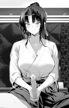 1girl absurdres blush breasts cleavage collarbone greyscale hair_ribbon hakama hakama_skirt highres hiiragi_yuuichi japanese_clothes large_breasts long_hair long_sleeves looking_at_viewer monochrome original ponytail ribbon sex shinai skirt sweat sword weapon
