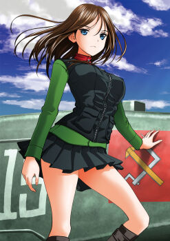 Rule 34 | 10s, 1girl, blue eyes, blue sky, breasts, brown hair, cloud, day, emblem, female focus, girls und panzer, highres, large breasts, long hair, looking at viewer, military, military uniform, military vehicle, motor vehicle, nonna (girls und panzer), outdoors, pravda (emblem), skirt, sky, solo, standing, t-34, taniguchi gou, tank, thighs