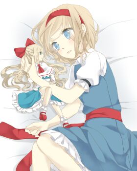 2girls alice_margatroid ascot blonde_hair blue_dress blue_eyes blush bow collared_shirt commentary_request dress eye_contact frilled_dress frills hair_bow hairband long_hair looking_at_another lying mary_janes medium_hair multiple_girls on_back on_side open_mouth pinafore_dress puffy_short_sleeves puffy_sleeves red_ascot red_bow red_sash red_shoes sash shanghai_doll shirt shoes short_sleeves sleeveless sleeveless_dress smile socks touhou tsuno_no_hito very_long_hair waist_sash white_shirt white_socks