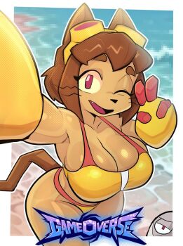 1boy 1girl alternate_costume animal_ears ass beach bikini breasts brown_hair cat_ears cat_girl cat_tail cleavage curvy dark-skinned_female dark_skin furry furry_female gameoverse gauntlets goggles goggles_on_head huge_ass kaboodle_(gameoverse) kit_bodega large_breasts logo looking_at_viewer lowleg lowleg_bikini official_alternate_costume one_eye_closed open_mouth outstretched_arm red_eyes selfie short_hair sideboob smile standing swimsuit tail teeth thick_thighs thighs thong thong_bikini tongue v water whiskers wide_hips wink yellow_gauntlets
