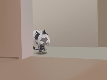 1girl angry armband bilingual_commentary black_horns black_shorts black_tail blank_eyes chibi commentary dark-skinned_female dark_skin demon_girl demon_horns demon_tail derivative_work door english_commentary helltaker horns judgement_(helltaker) kicking mixed-language_commentary noah_(tettsui-sole) photo-referenced ponytail shorts tail white_eyes white_hair