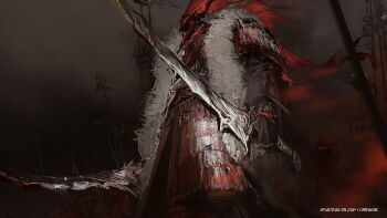 absurdres arknights armor character_request dual_wielding from_behind glowing glowing_eyes hashtag-only_commentary helm helmet highres holding holding_sword holding_weapon japanese_armor kusazuri overcast plume qiumoyixing shoulder_armor sky sode solo_focus standing sword weapon