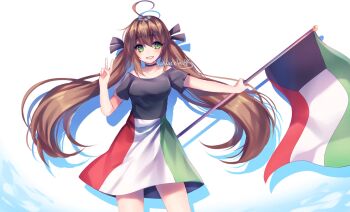 Rule 34 | 1girl, :d, ahoge, artist name, bare arms, bare shoulders, black bow, black choker, black shirt, blush, bow, breasts, brown hair, choker, collarbone, commentary, cowboy shot, double-parted bangs, drop shadow, english commentary, facing viewer, flag, green eyes, green skirt, grin, hair between eyes, hair bow, highres, holding, holding flag, huge ahoge, kuwaiti flag, long hair, looking to the side, medium skirt, off-shoulder shirt, off shoulder, open mouth, original, outstretched arm, red skirt, sasucchi95, shirt, short sleeves, simple background, skirt, small breasts, smile, solo, standing, tareme, twintails, v, very long hair, white background, white skirt