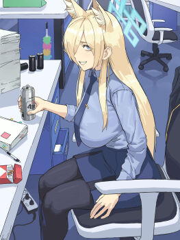 absurdres alcohol animal_ear_fluff animal_ears asahi_breweries beer black_pantyhose blonde_hair blue_archive blue_halo blue_necktie blue_shirt blue_skirt blush breasts dog_ears dog_girl drink extra_ears from_side grin hair_over_one_eye halo highres holding holding_drink kanna_(blue_archive) ksksksa large_breasts long_hair necktie pantyhose police police_uniform policewoman shirt sidelocks sitting skirt smile