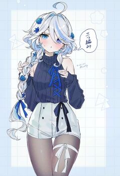 1girl ahoge alternate_costume alternate_hairstyle bare_shoulders black_sweater blue_eyes blue_hair braid breasts detached_sleeves drop-shaped_pupils flower furina_(genshin_impact) genshin_impact hair_flower hair_ornament heterochromia highres long_hair looking_at_viewer mismatched_pupils multicolored_hair pantyhose pantyhose_under_shorts shorts sleeveless sleeveless_sweater solo streaked_hair sweater symbol-shaped_pupils tennensui_(midorinokaibutu4500) twitter_username white_hair white_shorts