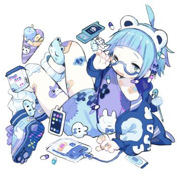 1boy adjusting_eyewear ahoge animal_ear_hairband animal_ears arched_bangs bandaid bandaid_on_chest bandaid_on_finger bandaid_on_hand bandaid_on_leg bandaid_on_shoulder bear_ears black_bow blood blood_bag blue-framed_eyewear blue_hair blue_jacket blue_shirt blue_shoes blush_stickers bow cellphone charm_(object) commentary commentary_request cotono_(nazekun) crossed_bandaids english_commentary fake_animal_ears fang flip_phone food full_body gauze gauze_on_leg glasses green_eyes hair_bow hairband highres ice_cream ice_cream_cone invisible_chair jacket loose_socks male_focus mixed-language_commentary one_eye_closed open_clothes open_jacket open_mouth original patchwork_clothes phone pill_hair_ornament purple_shirt ribbed_socks round_eyewear semi-rimless_eyewear shirt shoes short_hair simple_background sitting skin_fang sneakers socks two-tone_shirt white_background white_socks