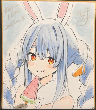 1girl absurdres animal_ear_fluff animal_ears bare_shoulders black_gloves blue_hair braid carrot_hair_ornament commentary_request dated don-chan_(usada_pekora) food food-themed_hair_ornament gloves hair_between_eyes hair_ornament hand_up highres holding holding_food hololive kiritoma licking_lips looking_at_viewer multicolored_hair photo_(medium) popsicle rabbit-shaped_pupils rabbit_ears red_eyes shikishi short_eyebrows signature solo symbol-shaped_pupils thick_eyebrows tongue tongue_out traditional_media twin_braids twintails two-tone_hair upper_body usada_pekora usada_pekora_(1st_costume) virtual_youtuber watermelon_bar white_hair