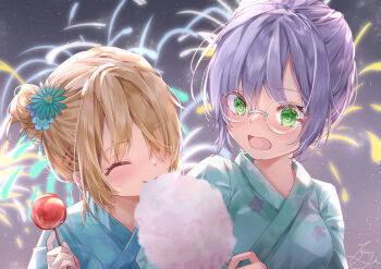 2girls ^_^ absurdres aerial_fireworks alternate_costume alternate_hairstyle blonde_hair blue_flower blush candy_apple closed_eyes commentary_request eating festival fireworks flower food glasses green_eyes grey_hair hair_bun hair_flower hair_ornament hair_over_one_eye hairclip heaven_burns_red highres holding holding_candy_apple holding_food izumi_yuki_(heaven_burns_red) japanese_clothes kayamori_ruka kimono long_hair marshmallow multiple_girls night open_mouth parallel_hairclips print_kimono round_eyewear short_hair single_hair_bun sky summer_festival surprised tsumugi-t upper_body yukata yuri