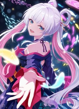 1girl :d absurdres bare_shoulders blue_eyes blue_kimono chinese_commentary cho_kaguya-hime! commentary_request fish from_behind glowing grey_hair hair_ornament hair_rings hair_stick highres japanese_clothes kimono long_hair long_sleeves looking_at_viewer looking_back multicolored_hair offering_hand open_mouth reaching reaching_towards_viewer runami_yachiyo school_of_fish smile solo twintails xiongji_z_z