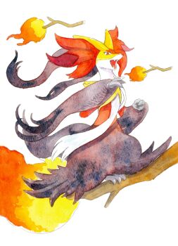 1other animal_ear_fluff animal_ears black_fur broom broom_riding closed_mouth delphox fangs fire floating flying fox fox_ears furry gen_6_pokemon highres mega_delphox mega_pokemon mint_nappa multicolored_fur nintendo open_mouth pokemon pokemon_(creature) pokemon_focus red_eyes red_fur simple_background snout solo stick white_background white_fur yellow_fur