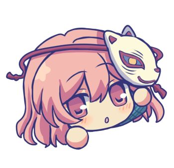 1girl blue_shirt blush commentary fox_mask hashtag-only_commentary hata_no_kokoro long_hair looking_at_viewer mask mask_on_head open_mouth pink_eyes pink_hair plaid_clothes plaid_shirt shirt silverrain simple_background solo touhou white_background