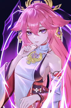 1girl absurdres animal_ears bare_shoulders blush breasts detached_sleeves fox_ears genshin_impact hair_between_eyes hair_ornament highres japanese_clothes jewelry large_breasts long_hair looking_at_viewer pink_hair pontaro2 purple_eyes smile solo very_long_hair yae_miko