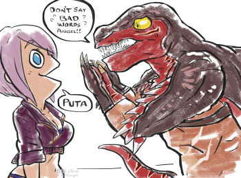 1girl angel_(kof) blue_eyes breasts c.s._terzo c.s._terzo_(chstrangelll) chstrangelll dinosaur dinosaur_king female_focus huge_breasts jacket king_of_dinosaurs large_breasts leather pale_skin panties short_hair standing the_king_of_dinosaurs the_king_of_fighters thick_thighs thighs tizoc tizoc_(snk) underwear wide_hips