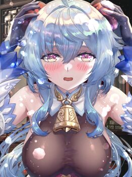 Rule 34 | 1girl, ahoge, alternate breast size (larger), arms up, bell, blue hair, blush, breasts, commentary request, detached sleeves, ganyu (genshin impact), genshin impact, goat girl, goat horns, highres, horns, large breasts, long sleeves, looking at viewer, miyashirokiyu, neck bell, open mouth, purple eyes, sidelocks, sleeveless, solo