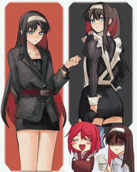 4girls alternate_costume anger_vein arm_behind_back ass belt black_background black_coat black_dress black_gloves black_hair black_thighhighs blue_eyes blue_ribbon blue_shirt blush blush_stickers bob_cut border brown_hair brown_kimono clenched_hand coat collar collarbone collared_dress colored_inner_hair crossed_arms cup dress ezekquel facing_viewer frilled_dress frilled_kimono frills gloves hair_between_eyes hair_over_shoulder hair_ribbon hairband hand_on_own_hip high_ponytail highres holding holding_cup japanese_clothes juliet_sleeves kimono kohaku_(tsukihime) long_hair long_sleeves looking_at_viewer looking_at_watch looking_back looking_down maid multicolored_hair multiple_girls multiple_persona open_mouth outside_border parted_bangs ponytail puffy_sleeves red_background red_belt red_hair ribbon shaded_face shirt short_coat short_dress short_hair sidelocks single_glove smile striped_clothes striped_kimono tea thighhighs thighs tohno_akiha tsukihime turtleneck turtleneck_shirt two-tone_background vertical-striped_clothes vertical-striped_kimono very_long_hair watch white_border white_collar white_hairband white_wrist_cuffs wrist_cuffs wristwatch zettai_ryouiki