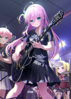 3girls absurdres ahoge black_shirt blonde_hair blue_eyes blurry bocchi_the_rock! chromatic_aberration commentary crossed_bangs cube_hair_ornament drum drum_set electric_guitar film_grain gibson_les_paul glint gotoh_hitori green_eyes grey_skirt guitar hair_between_eyes hair_ornament highres holding holding_instrument ijichi_nijika instrument kita_ikuyo long_hair looking_at_another lossy-lossless md5_mismatch midori_matsukaze motion_blur multiple_girls music one_side_up orange_eyes pink_hair playing_instrument pleated_skirt red_hair resolution_mismatch revision shirt short_sleeves sidelocks skirt source_smaller standing sweat
