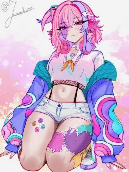 1girl closed_mouth commentary commission cropped_shirt crossed_bangs cursor_hair_ornament double-parted_bangs english_commentary full_body hair_between_eyes hair_ornament highres indie_virtual_youtuber jacket jacket_partially_removed junoelise161 long_hair long_sleeves looking_at_viewer multicolored_hair navel open_mouth pawshies_(vtuber) pink_eyes pink_hair pink_shirt purple_jacket purple_streaks shirt short_shorts shorts solo stitched_face stitches stomach streaked_hair thighs unamused vgen_commission virtual_youtuber white_shorts