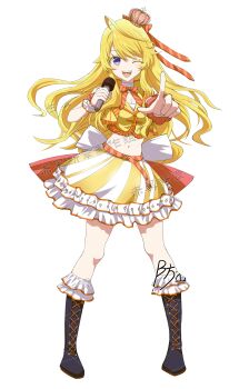 1girl absurdres arched_crown artist_request black_boots blonde_hair boots crown date_a_live date_a_live:_date_a_bullet dress full_body highres idol idol_clothes kirari_rinemu l_hand lace-up_boots long_hair microphone mini_crown multicolored_dress navel one_eye_closed open_mouth purple_eyes smile solo teeth transparent_background upper_teeth_only