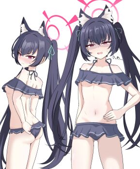 Rule 34 | >:(, 1girl, adjusting clothes, adjusting swimsuit, animal ear fluff, animal ears, arm at side, ass, back, bare shoulders, bikini, black bikini, black hair, blue archive, blue ribbon, blush, breasts, butt crack, cat ears, closed mouth, collarbone, collared shirt, commentary request, fang, frilled bikini, frills, frown, gluteal fold, hair ribbon, halo, hand on own hip, highres, long hair, looking at viewer, multiple views, navel, nose blush, off-shoulder bikini, off shoulder, open mouth, partial commentary, peppo-mk3, pink halo, red eyes, ribbon, serika (blue archive), serika (swimsuit) (blue archive), shirt, simple background, small breasts, split mouth, straight hair, sweatdrop, swimsuit, tsurime, twintails, underboob, v-shaped eyebrows, very long hair, white background