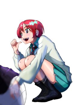 1girl amate_yuzuriha aqua_skirt beanie black_boots boots commentary_request green_eyes gundam gundam_gquuuuuux haro hat highres long_sleeves lotion_(pixiv74305263) open_mouth red_hair school_uniform short_hair skirt smile squatting teeth upper_teeth_only