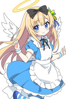 1girl alice&#039;s_adventures_in_wonderland alice_(alice_in_wonderland) alice_(alice_in_wonderland)_(cosplay) angel_wings apron black_bow black_ribbon blonde_hair blue_dress blue_eyes blue_pantyhose blue_shoes blush bow closed_mouth commentary_request cosplay cowboy_shot dot_nose dress feathered_wings frilled_apron frilled_dress frills hair_bow hair_ornament halo highres kotatsu-mazoku long_hair looking_at_viewer neck_ribbon original pantyhose ribbon shoes short_sleeves shoshinsha_angel_girl_(kotatsu-mazoku) shoshinsha_mark simple_background smile solo striped_clothes striped_pantyhose traditional_halo white_apron white_background white_wings wings wrist_cuffs yellow_halo